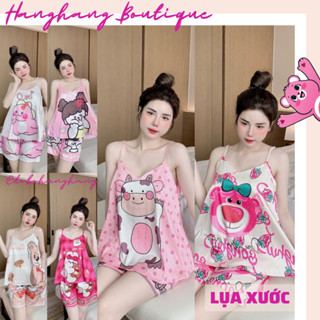 Bộ đồ ngủ đùi 2 dây, đồ ngủ lụa xước thiết kế, set đồ nữ mặc nhà giá rẻ, đồ ngủ nữ gấu dâu cute, đồ bộ nữ hot trend mới