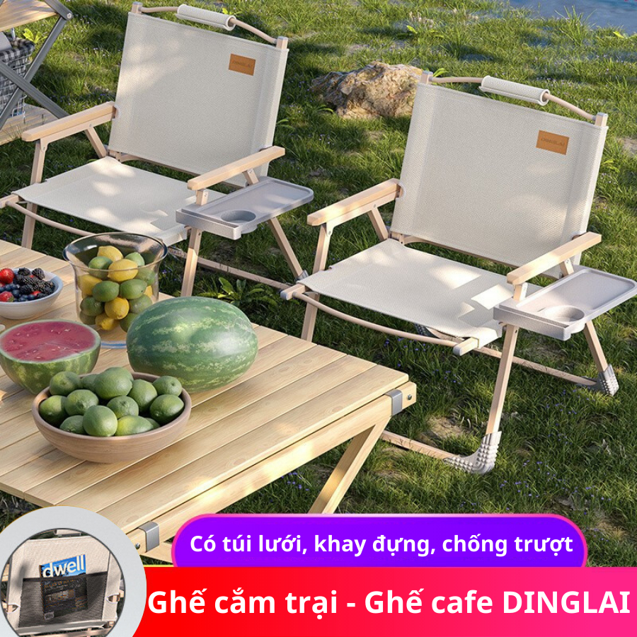 Ghế cắm trại dã ngoại gấp gọn DINGLAI , ghế cafe khung hợp kim chắc chắn vải Oxford 2 màu đen be