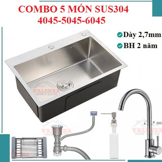 Combo chậu rửa chén bát 1 hố sus304 Valenza 2,7li vòi tròn nóng lạnh, bộ xả, rổ inox, bình rửa bát