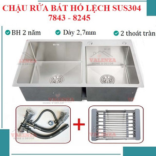 Chậu rửa chén bát inox304 chuẩn dày 3li Valenza hai hố lệch kèm bộ xả chậu 2 thoát tràn, rổ inox