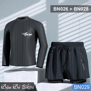 Bộ đồ bơi nam áo dài tay & quần boxer 2 lớp, họa tiết da cá nam tính, chất bơi co giãn đẹp, thoáng khí nhanh khô | BN029