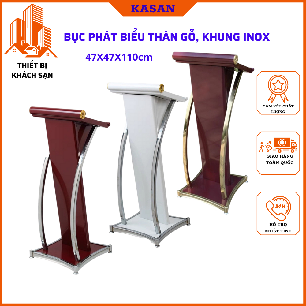 Bục phát biểu thân gỗ khung inox ShengYi, bục hội nghị ,sự kiện, chất liệu thân bằng gỗ, khung inox, side : 47x40x119cm