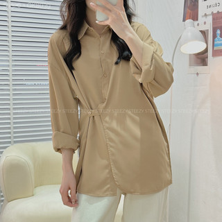[S3326] Áo sơ mi lụa trơn vạt cong cài lệch form rộng (Có sẵn/ảnh thật)
