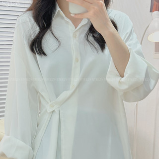 [S3326] Áo sơ mi lụa trơn vạt cong cài lệch form rộng (Có sẵn/ảnh thật)