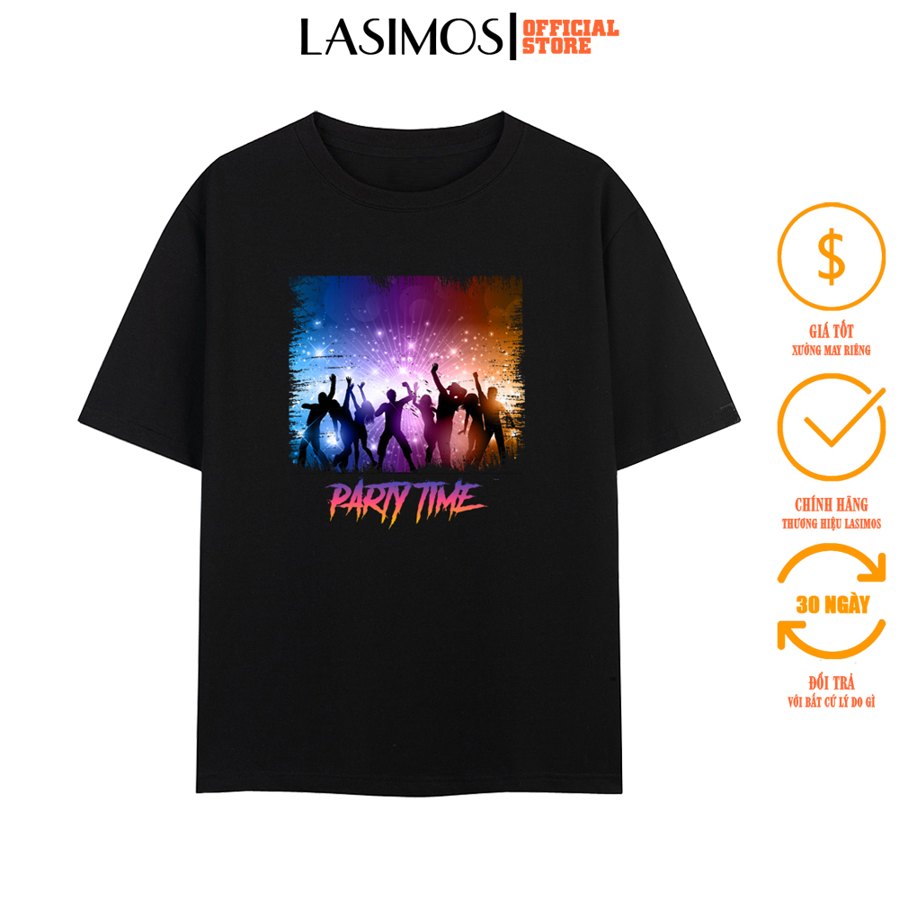 Áo thun nam Lasimos TS120 cổ tròn tay lỡ phom rộng in hình party, thun poly, vải đẹp dày, thoáng mát không xù lông.