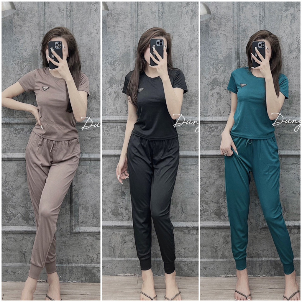 Set bộ đồ thể thao nữ chất liệu thun tăm Áo dáng lửng mix Quần jogger ống bo đơn giản, trẻ trung