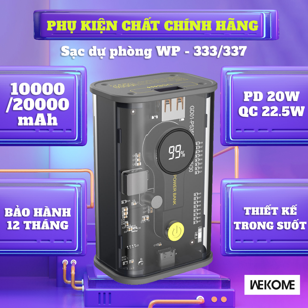 Sạc dự phòng 22.5W trong suốt 10000/ 20000mAh, pin dự phòng WP 333/337 hỗ trợ sạc siêu nhanh QC 22.5W VÀ PD20W.