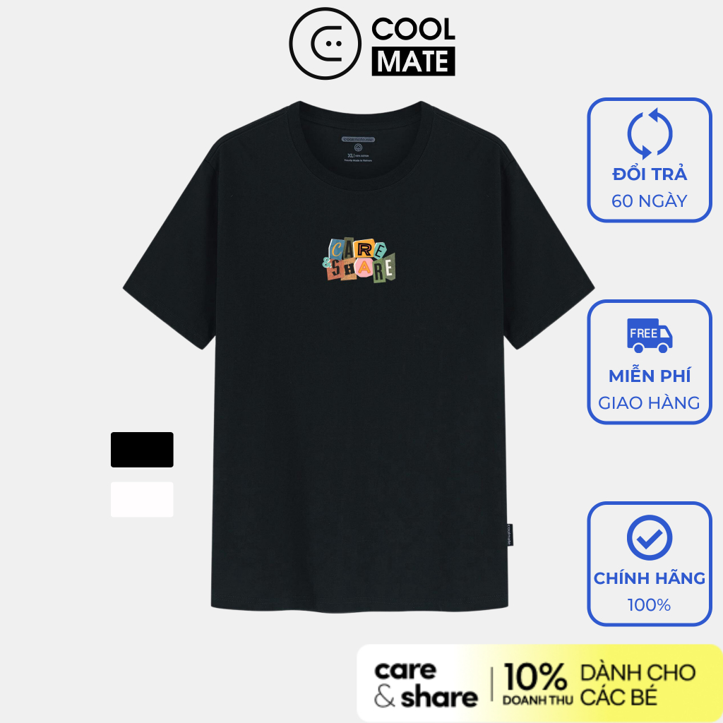 Áo Thun Cotton in Care & Share màu sắc - Trắng/ Đen - Thương hiệu Coolmate