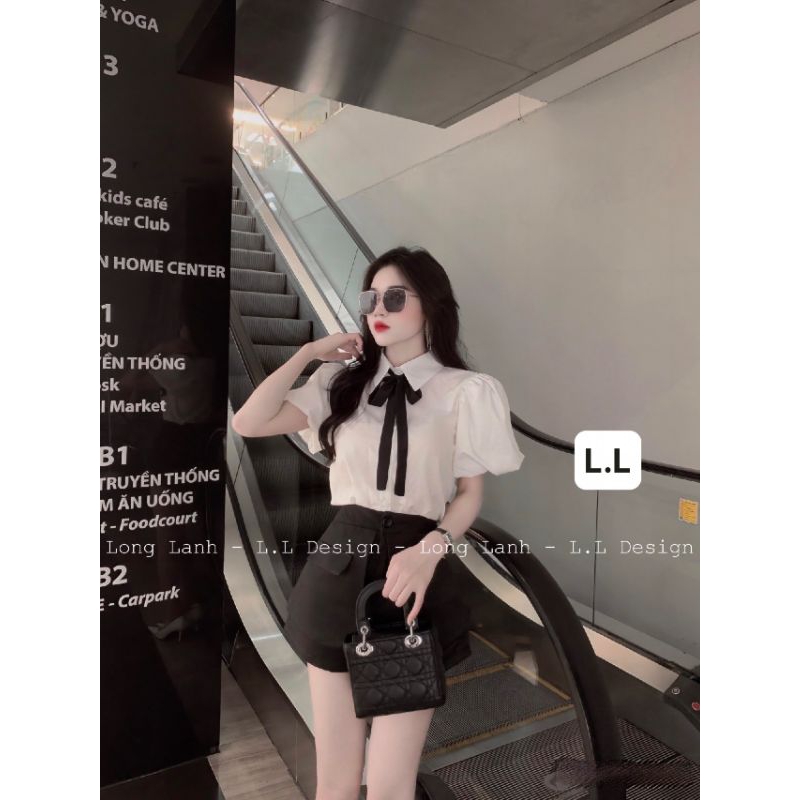 Set áo tiểu thư sơ mi kèm nơ chân váy chất gấm xịn xò chuẩn form
