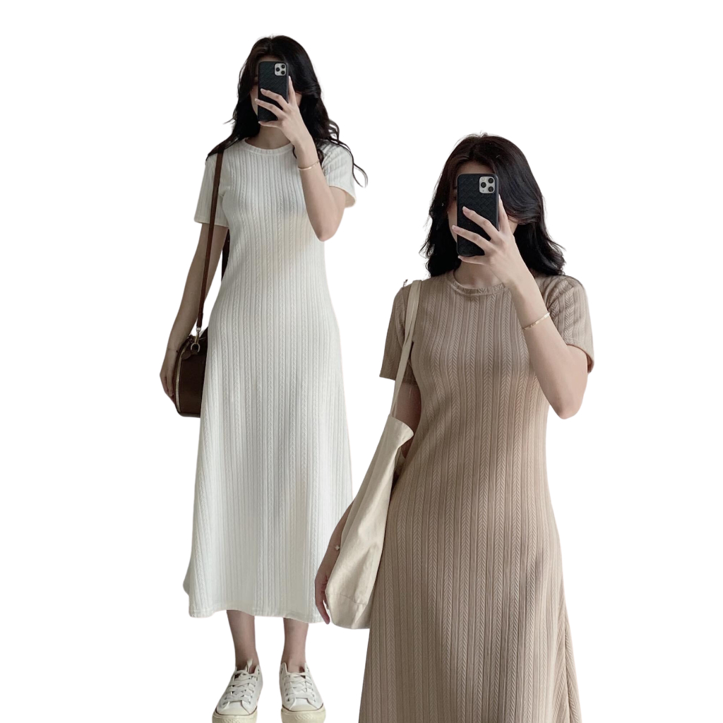 Váy thun dáng dài đầm thun gân nữ ngắn tay suông dáng xòe qua gối V01 - By Tiệm Đào