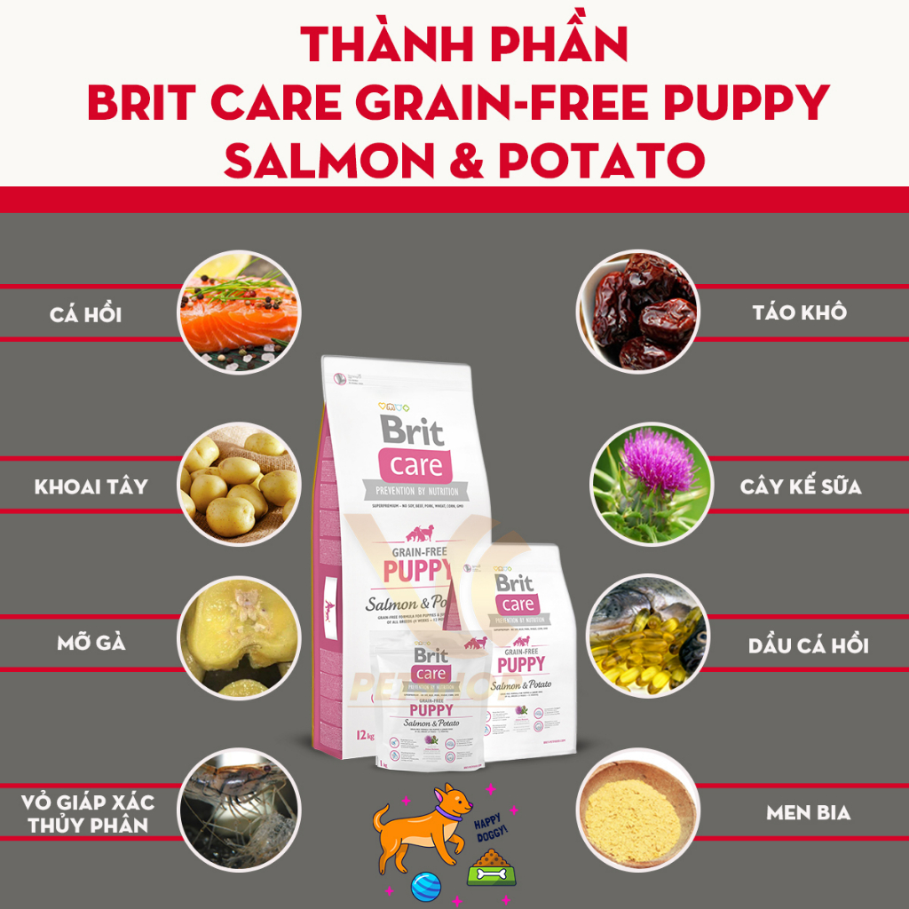 Thức Ăn Hạt Cho Chó Béc Bỉ Từ 1 - 3 Tháng Tuổi 3kg | Brit Care Grain-Free Puppy Salmon & Potato Cá Hồi | VC Pet Shop