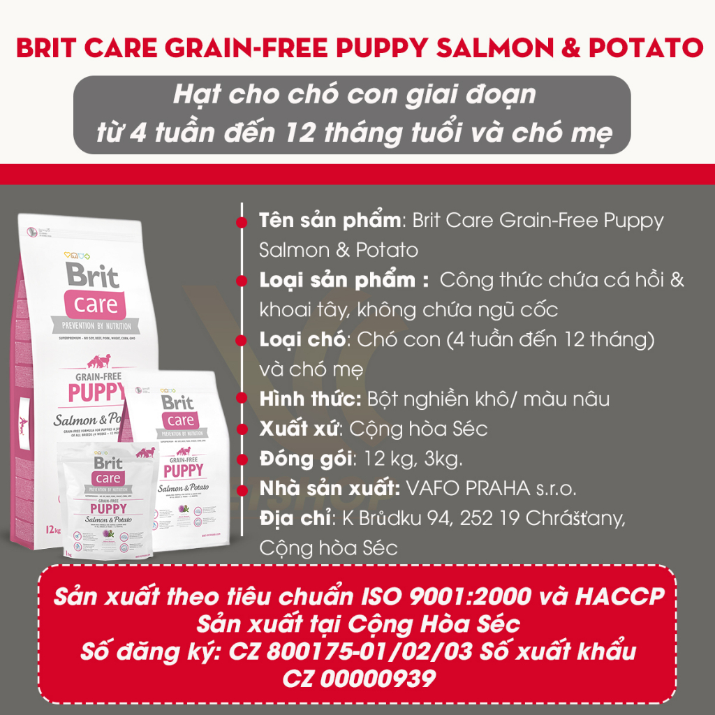 Thức Ăn Hạt Cho Chó Béc Bỉ Từ 1 - 3 Tháng Tuổi 3kg | Brit Care Grain-Free Puppy Salmon & Potato Cá Hồi | VC Pet Shop