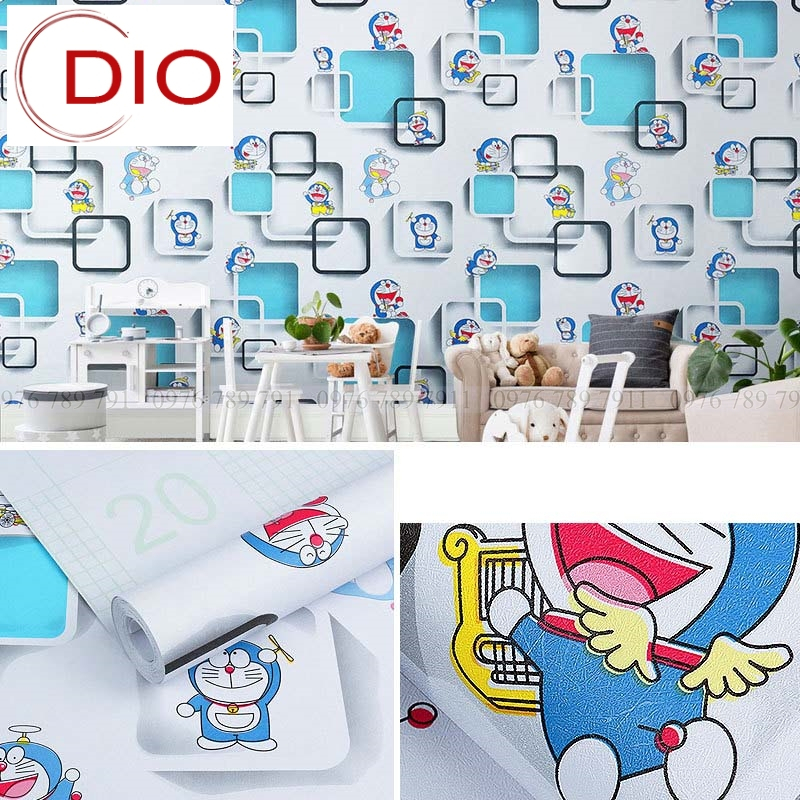 Giấy dán tường phòng ngủ 10m hoạt hình doraemon ô vuông có keo sẵn 3d cute cho bé trai bé gái Dio