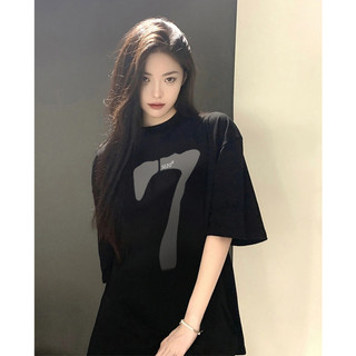 FOCUS local brand Áo phông nữ vintage number 7 Đen thời trang nữ áo tay lỡ unisex 100%cotton