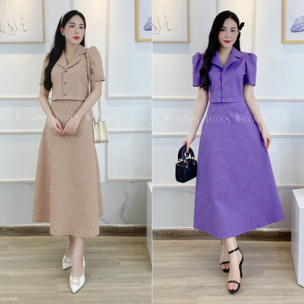 Set áo croptop cổ vest tay phồng mix chân váy xòe dài xốp hoa 3D LEOSWEARING A255 A256