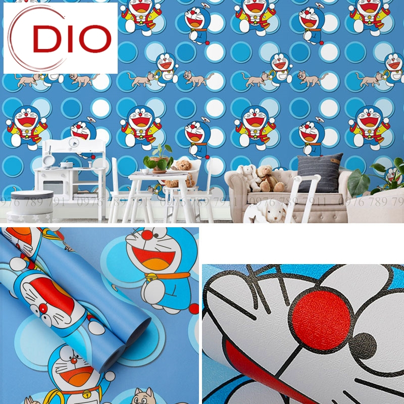 Giấy dán tường phòng ngủ cute hoạt hình doraemon tròn có keo sẵn 3d 10m cho bé trai bé gái Dio