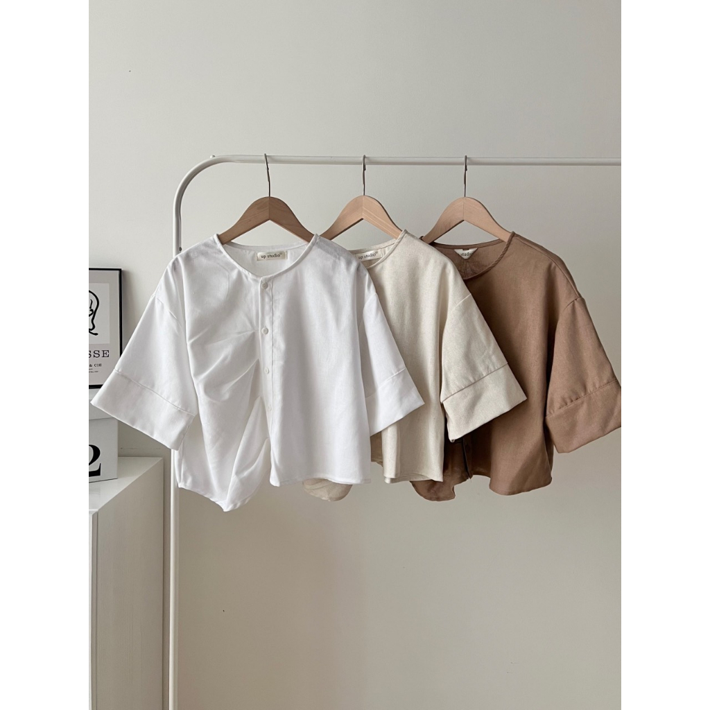 Áo Sơ mi croptop cổ tròn xếp ly (3256) - MIDISTORE