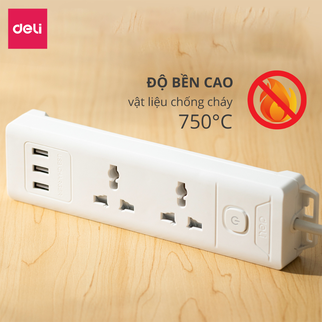 Ổ Cắm Điện Tích Hợp Cổng USB Đa Năng Deli , 2-6 Lỗ Cắm Đầu 3 Công Suất 2500W, Dây 2-5M Tiện Dụng, An Toàn, Chống Cháy Nổ