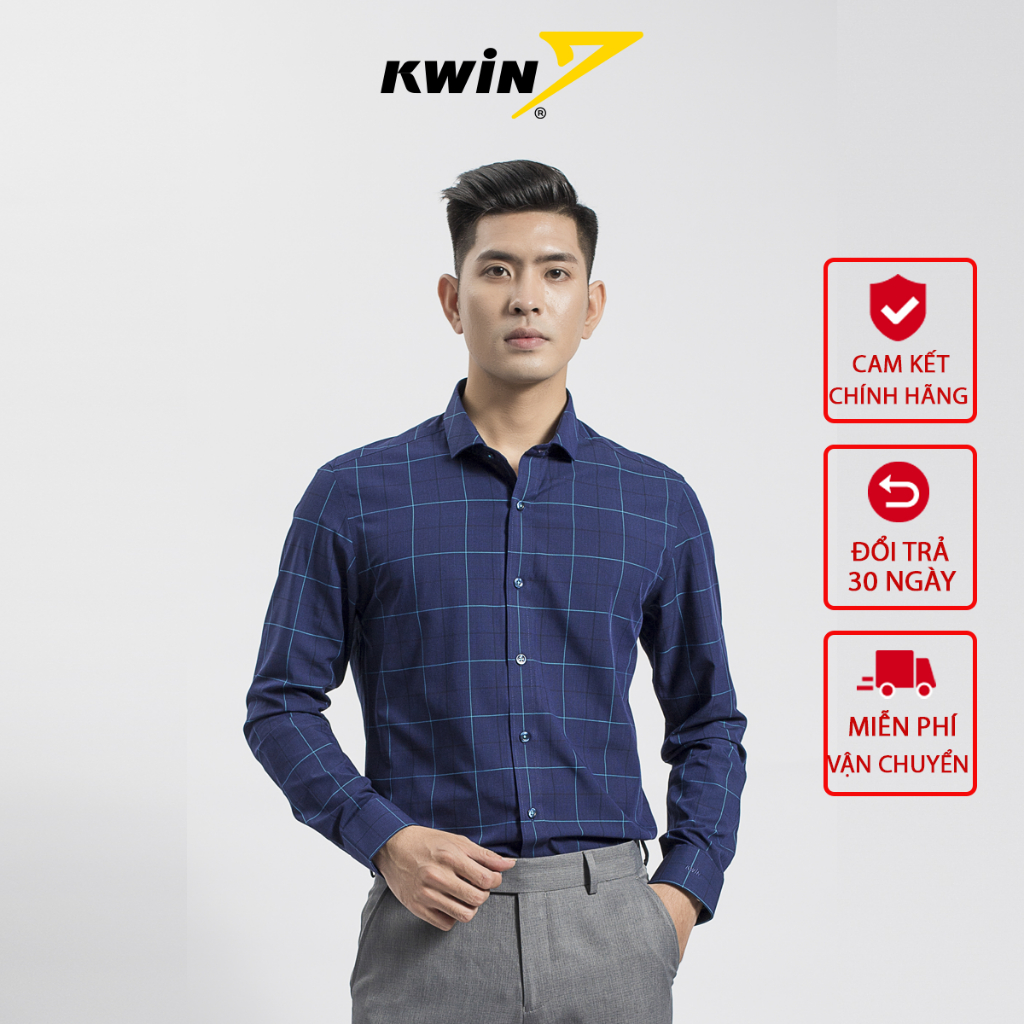 Áo sơ mi nam dài tay Kwin màu kẻ caro xanh tím than đậm KLS01708