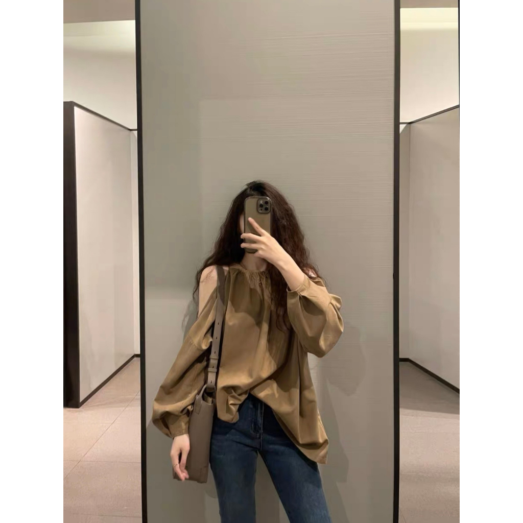 A117 Áo dài tay cổ yếm trễ vai chất cát hàn AUDREY