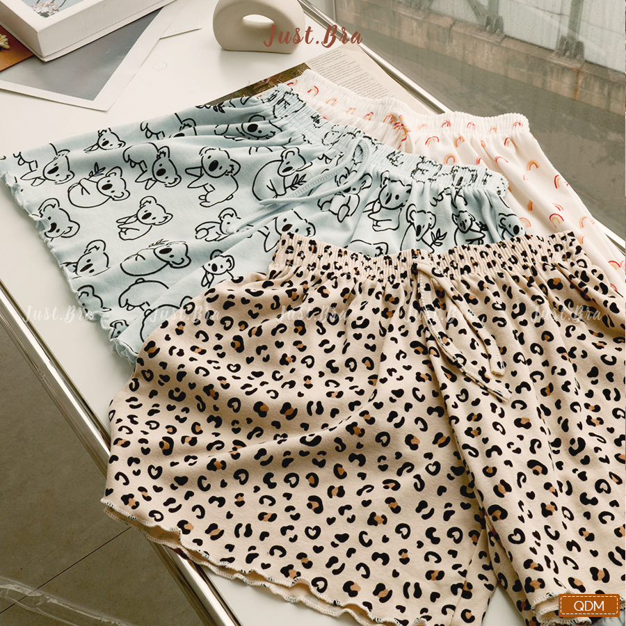 Quần shorts thun cotton cạp chun viền nhún hoạ tiết đáng yêu, quần đùi ngủ nữ JustBra QĐM | BigBuy360 - bigbuy360.vn