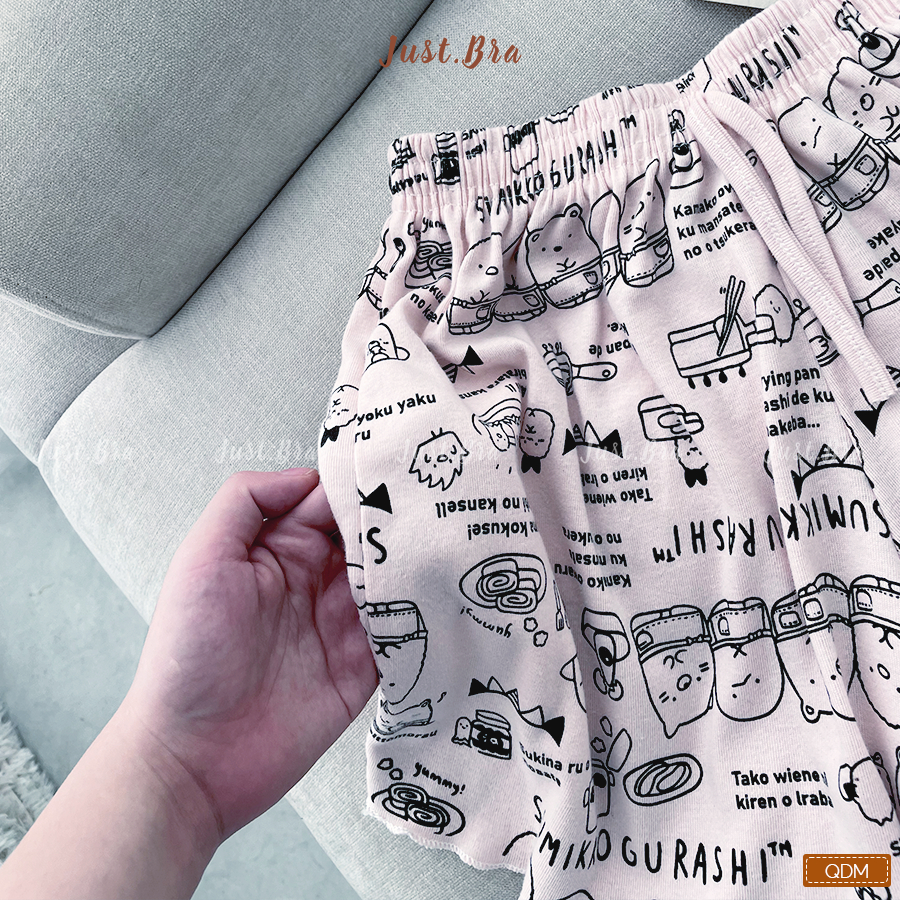 Quần shorts thun cotton cạp chun viền nhún hoạ tiết đáng yêu, quần đùi ngủ nữ JustBra QĐM | BigBuy360 - bigbuy360.vn