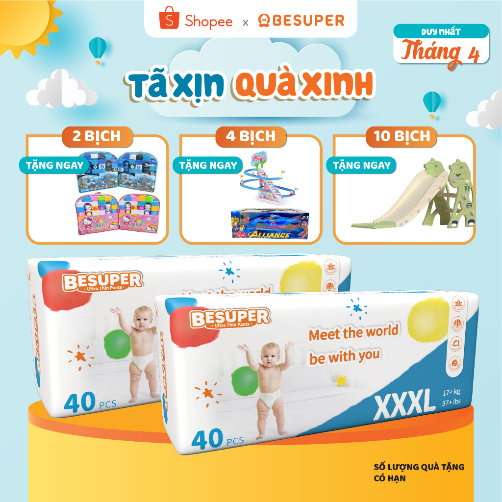 COMBO 2 Bỉm Quần BESUPER Chuẩn Châu Âu Mỏng Nhẹ Chống Tràn Hiệu Quả Size L46/XL44/XXL42/XXXL40 (9-25kg)