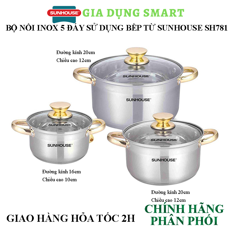 Bộ 3 nồi inox 5 đáy từ Sunhouse SH781