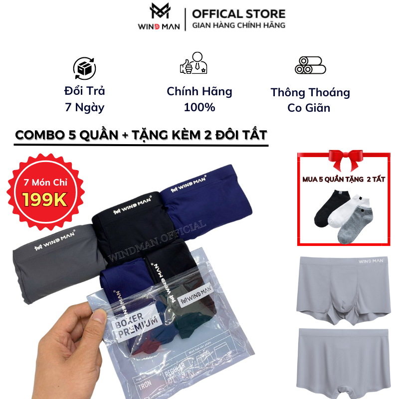 Combo 5 Quần Sịp Đùi Nam Boxer Thun Lạnh Windman Chất Đúc Su Siêu Mỏng Kháng Khuẩn Co Dãn 4 Chiều