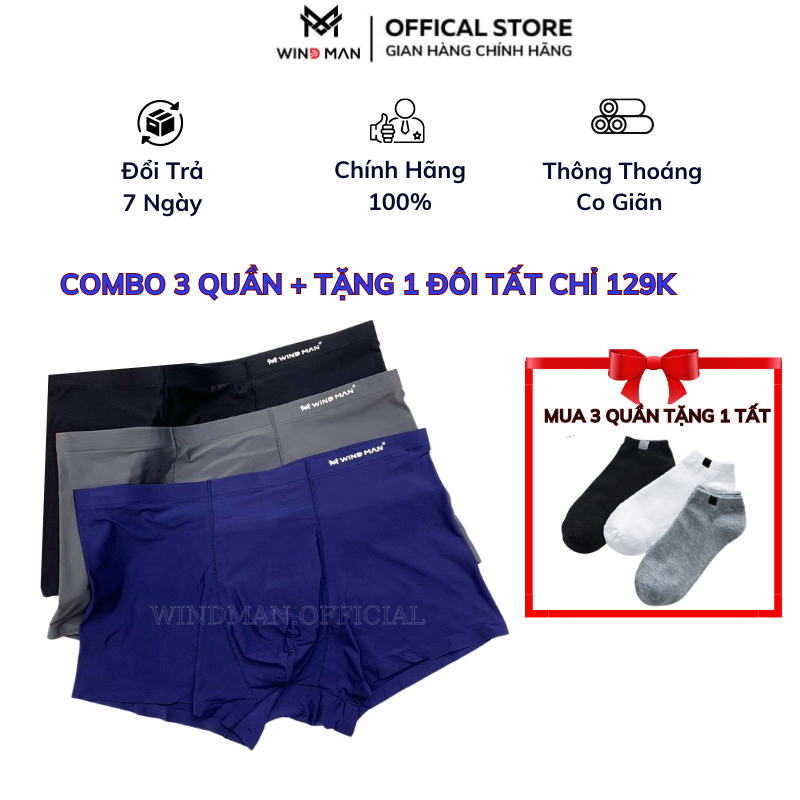 Quần Sịp Nam Boxer Thun Lạnh Windman Combo 3 Quần Chất Đúc Su Siêu Mỏng Kháng Khuẩn Co Dãn 4 Chiều