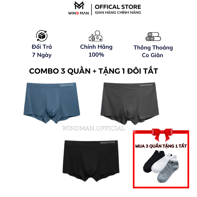 Combo 3 Quần Boxer Nam Windman Chất Đúc Su Thun Lạnh Siêu Mỏng Kháng Khuẩn Co Dãn 4 Chiều