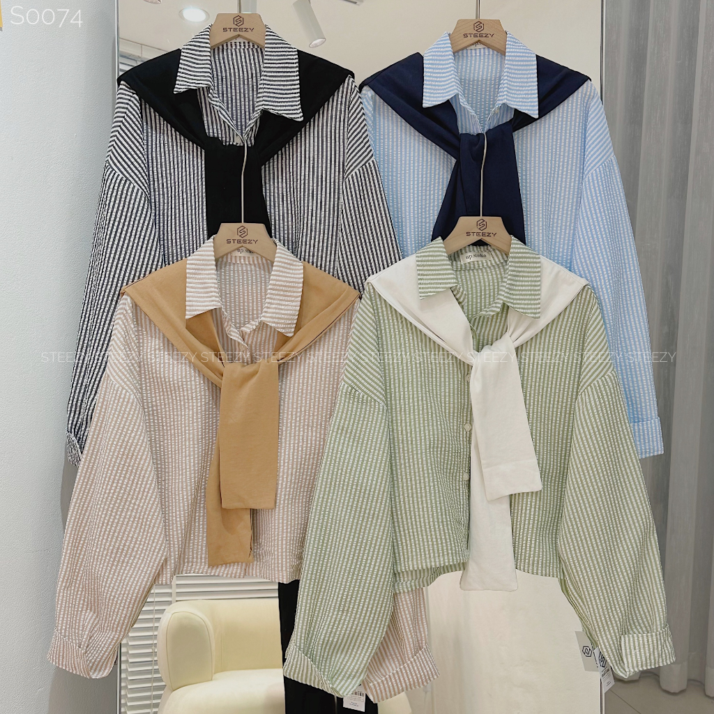 Áo sơ mi croptop vải xốp kẻ nhỏ kèm khăn Hàn Quốc form rộng