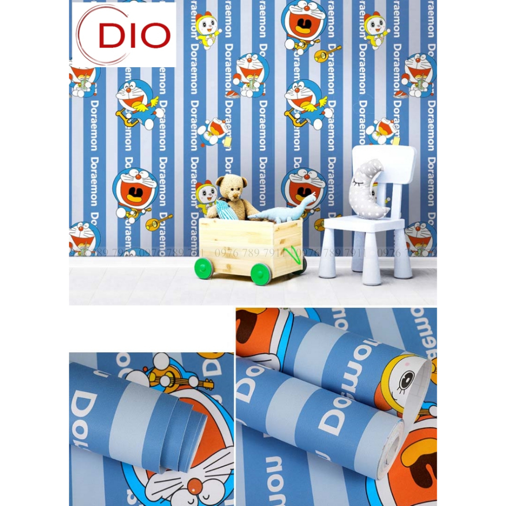 Giấy dán tường phòng ngủ 3d hoạt hình doreamon chữ dọc có keo sẵn 10m cute cho bé trai bé gái Dio