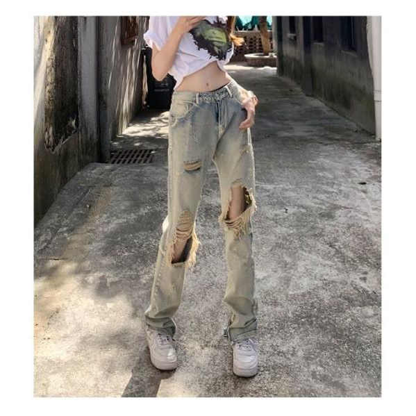 Quần jeans rách thẳng đường phố cao cấp nữ rung lưng cao phù hợp với người ăn xin mỏng hiphop cá tính