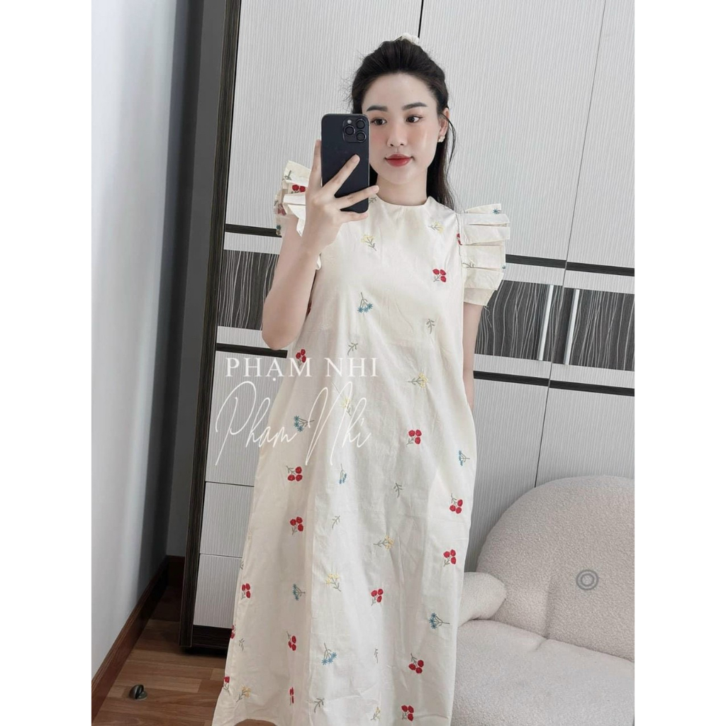ĐẦM CÁNH TIÊN TAY SÁT NÁCH BIGSIZE IN TƠ HOA MÀU KEM SANG CHẢNH
