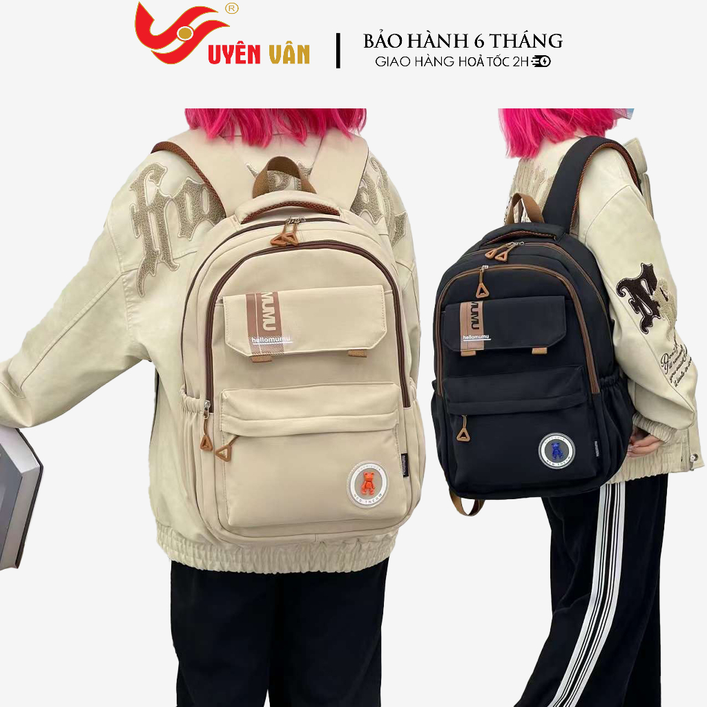 Balo đi học thời trang unisex nam nữ kiểu dáng basic màu trơn vải nylon chống nước nhiều ngăn đựng vừa laptop R5550