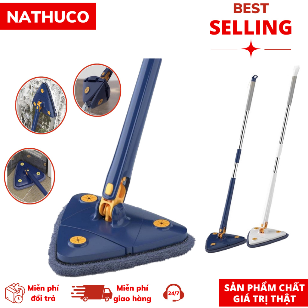 Cây lau nhà tam giác đa năng xoay 360 dài 1m3, chổi lau sàn nhà, trần nhà, mặt kính tự vắt