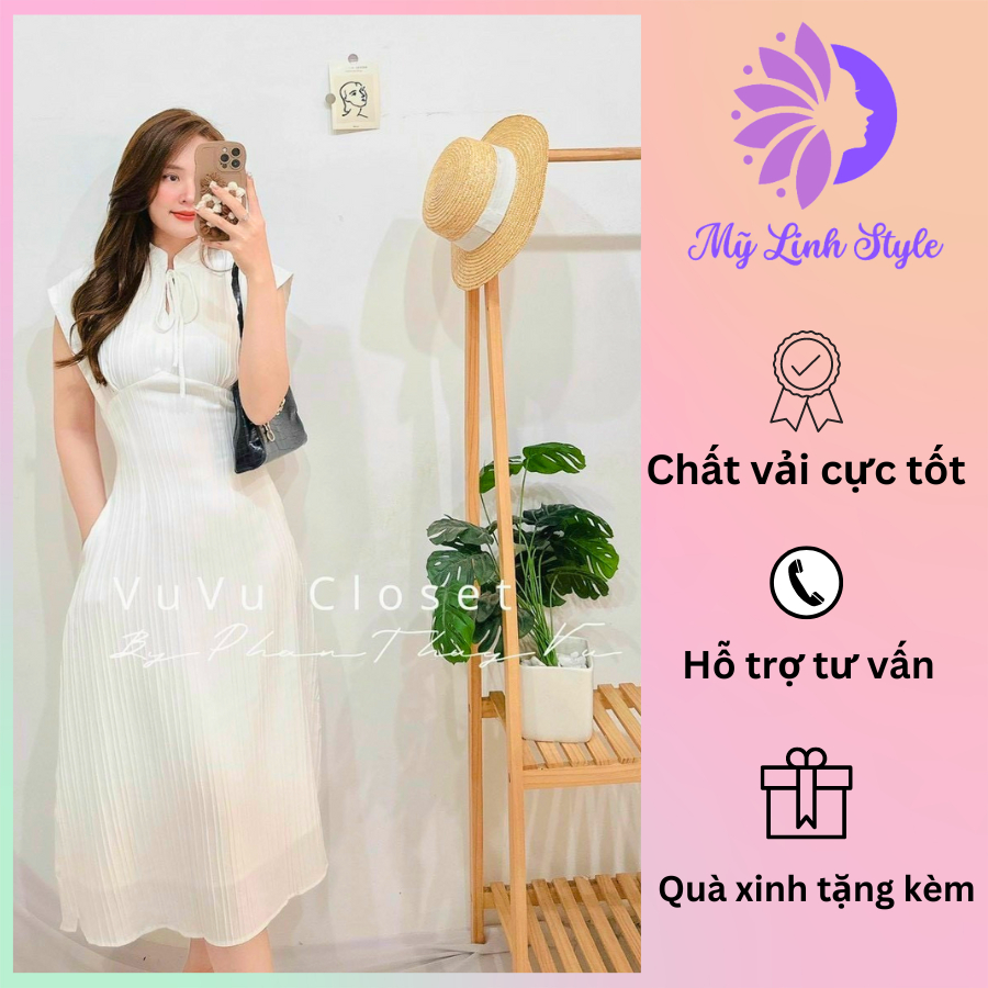 Đầm Trắng Dự Tiệc Cổ Trụ Xếp Ly Thiết kế Sang Trọng Chất Vải Mềm Mịn Dự Tiệc, Công Sở Shop Mỹ Linh Style THO