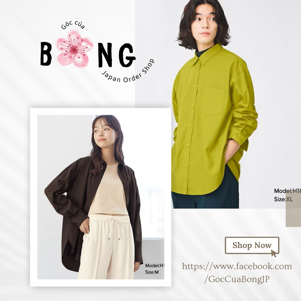Áo sơ mi trơn, màu hot trend, tay dài, dáng oversized - Áo sơ mi nữ GU Nhật - Mã 343519