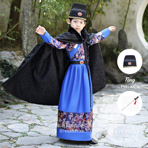 Hán phục màu đỏ và xanh dương cho bé trai+phụ kiện như hình