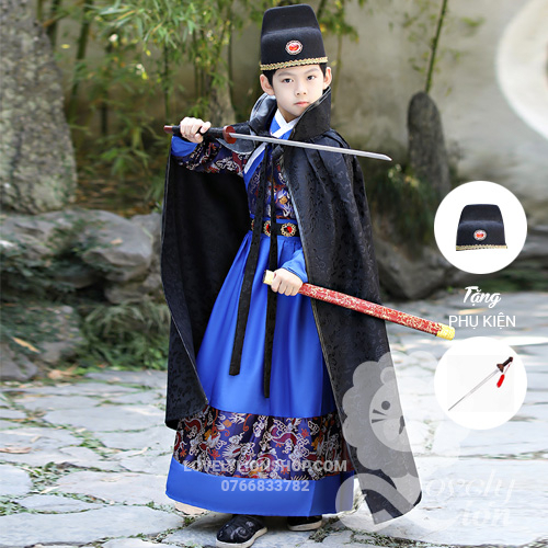 Hán phục màu đỏ và xanh dương cho bé trai+phụ kiện như hình