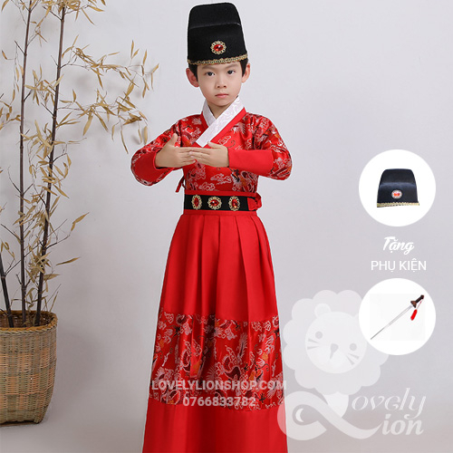 Hán phục màu đỏ và xanh dương cho bé trai+phụ kiện như hình