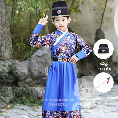 Hán phục màu đỏ và xanh dương cho bé trai+phụ kiện như hình