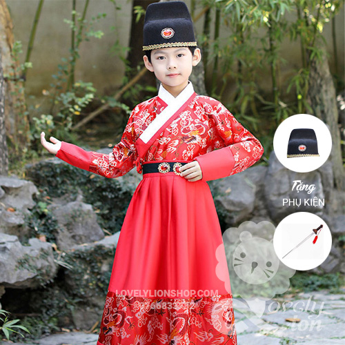 Hán phục màu đỏ và xanh dương cho bé trai+phụ kiện như hình