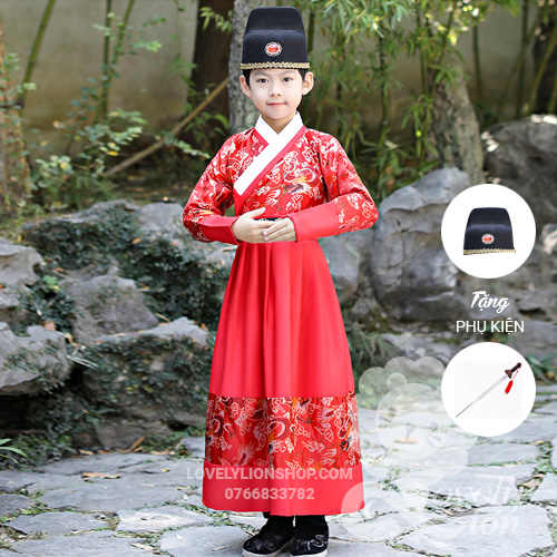 Hán phục màu đỏ và xanh dương cho bé trai+phụ kiện như hình