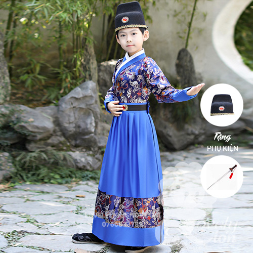 Hán phục màu đỏ và xanh dương cho bé trai+phụ kiện như hình