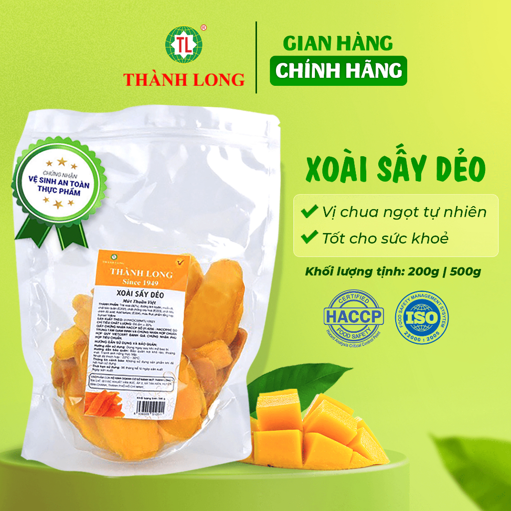 Mứt Xoài Sấy Dẻo Nguyên Mếng Thành Long - Đồ Ăn Vặt Thơm Ngon, Thượng Hạng Gói/Bịch 200g/500g