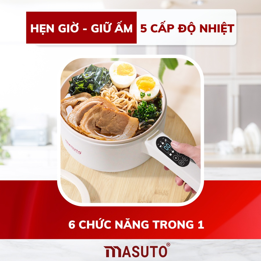 Nồi lẩu điện mini đa năng 2 tầng 5in1 Masuto nấu nhiều món 1,8L có vỉ hấp bảng điện tử chống nước
