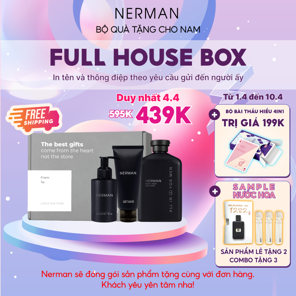 Bộ quà tặng nam giới FULL-HOUSE BOX Nerman-Sữa tắm gội 350ml&Gel vệ sinh nam 100ml&Gel rửa mặ