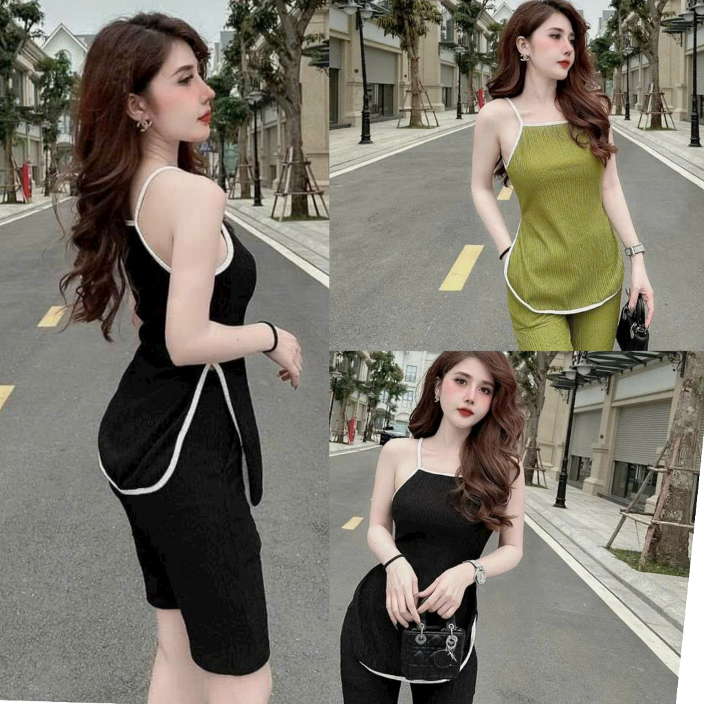 Set bộ áo vạt bầu hai dây phói viền xẻ tà mix quần ngố ôm chất thun xốp cao cấp